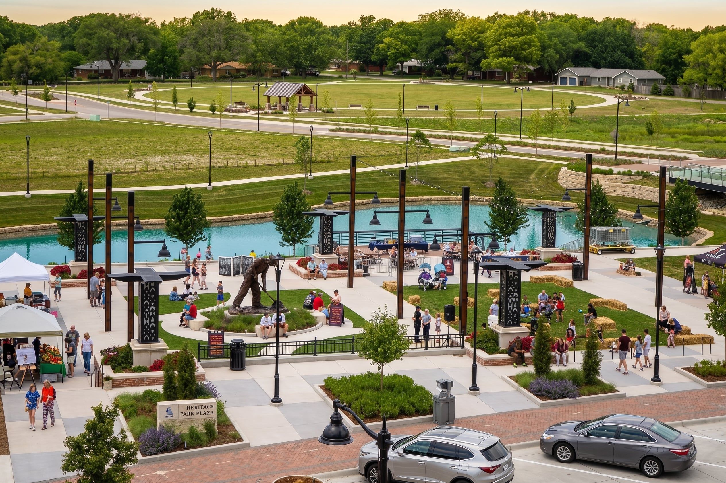 An aerial view of Heritage Park Plaza in Andover, with its pond, string lights, and open lawn