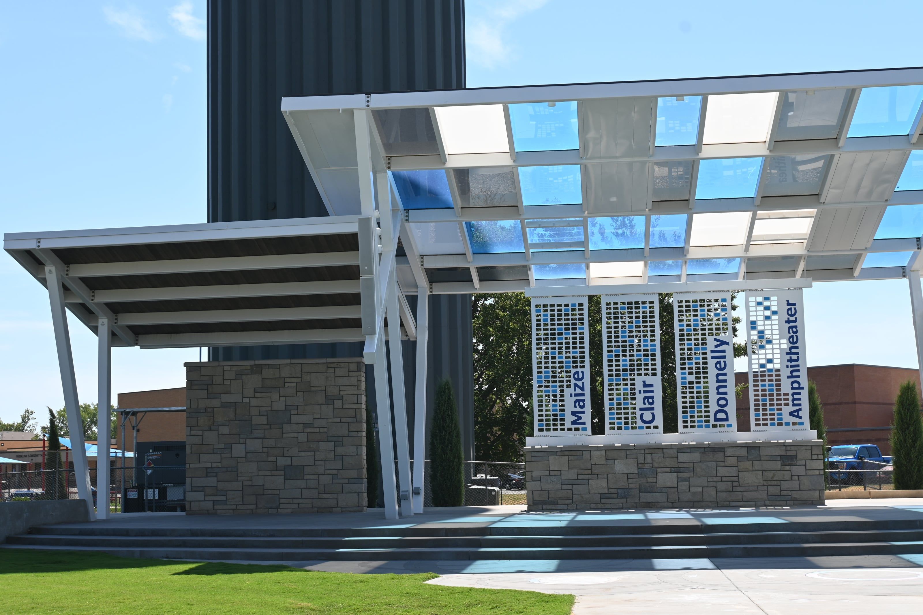 The Clair Donnelly Amphitheater stage and canopy at Maize City Park
