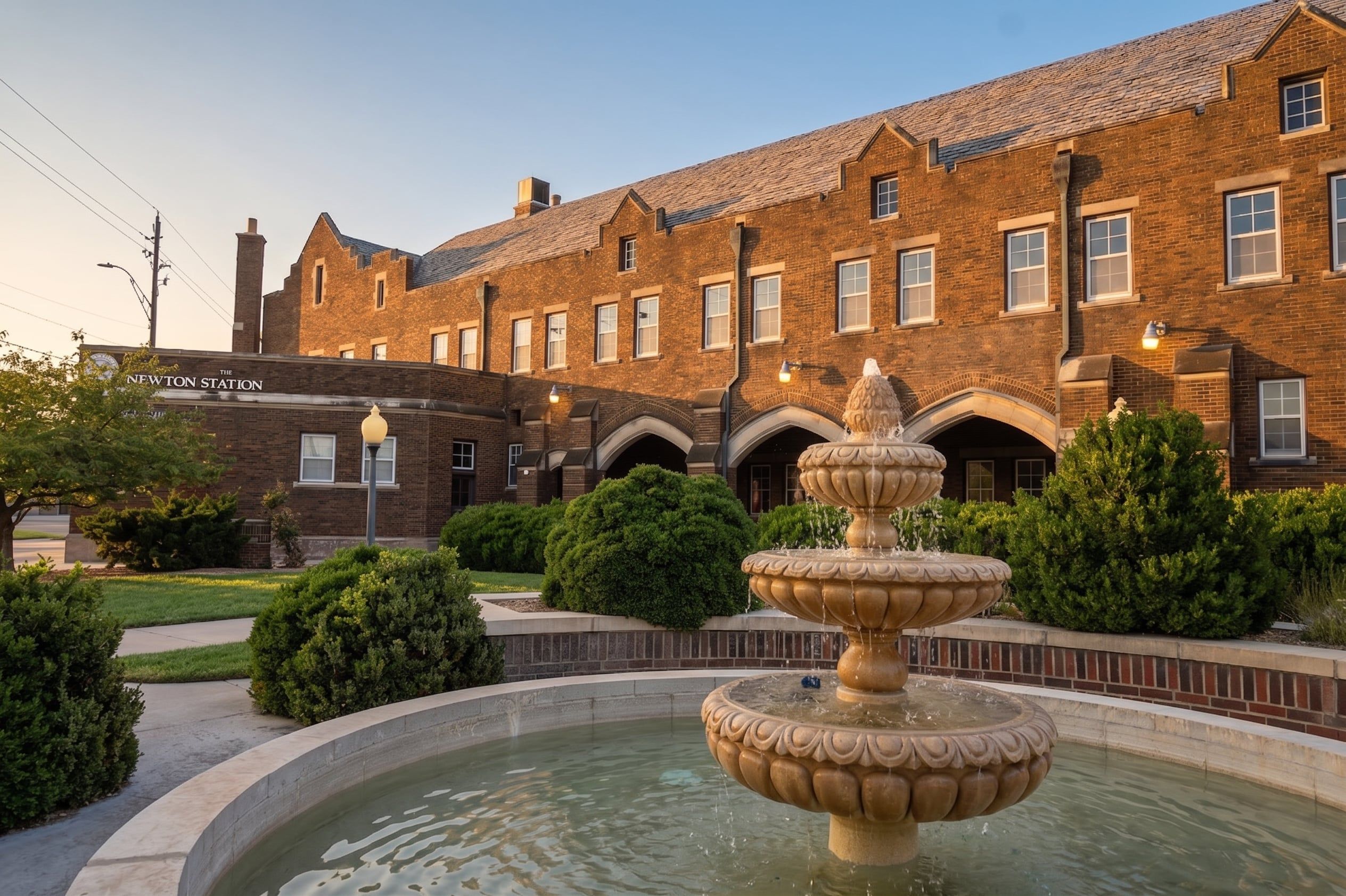 The historic Newton Station depot and its fountain at golden hour