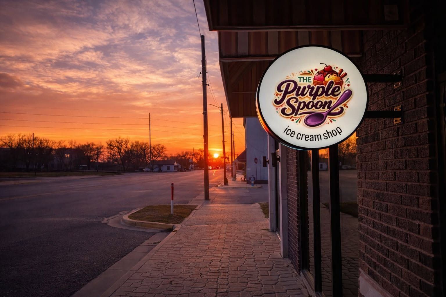 The Purple Spoon sign on Main Street at sunset