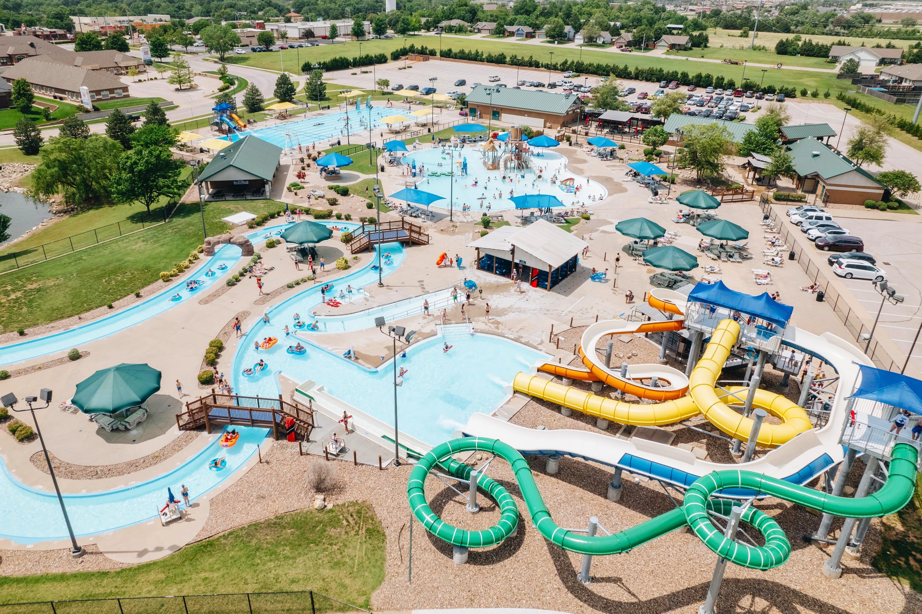An aerial view of the water slides and lazy river at Rock River Rapids in Derby