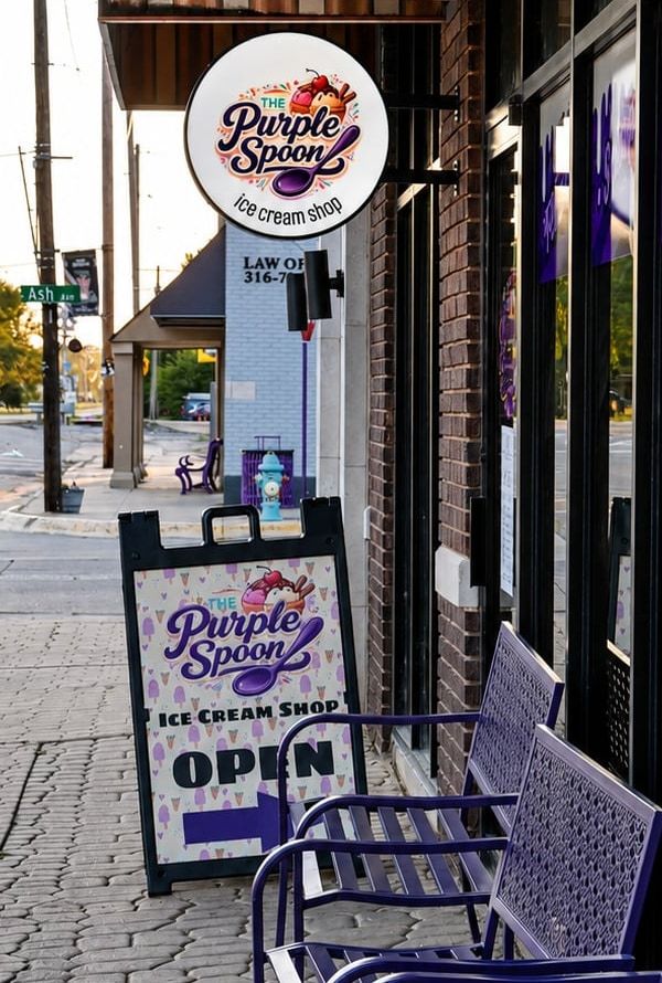 The Purple Spoon ice cream shop storefront and sidewalk benches on Main Street in Valley Center