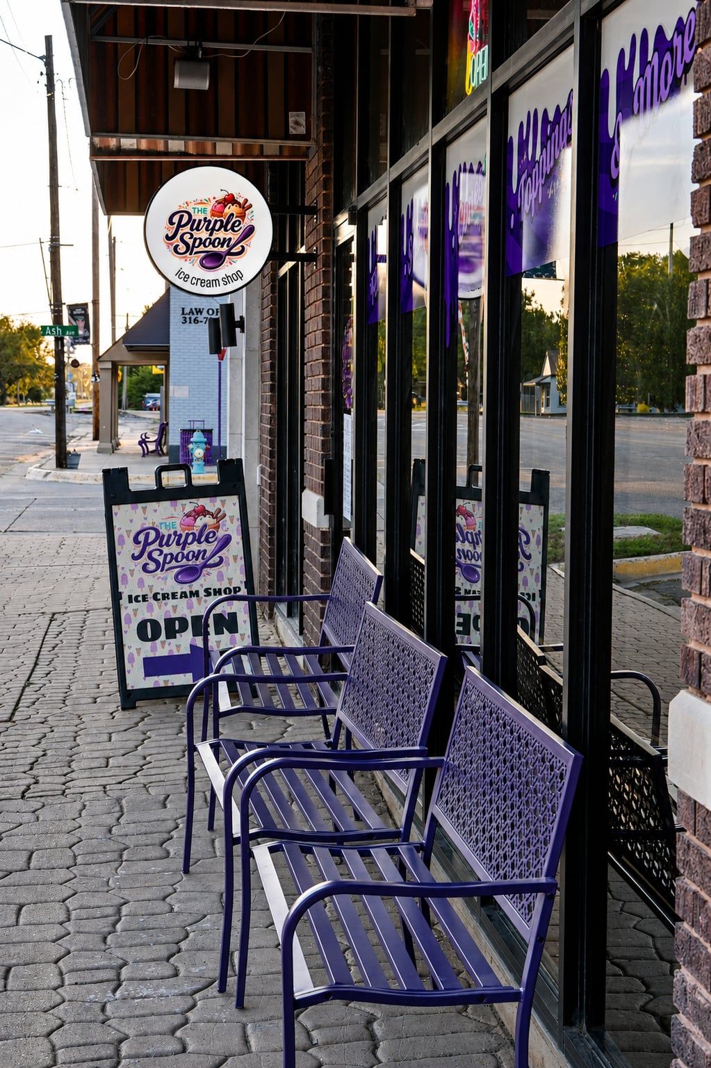 The Purple Spoon ice cream shop storefront and sidewalk benches on Main Street in Valley Center
